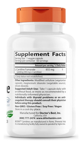Fumarato De L-carnitina 855 Mg Doctor's Best 60 Cápsulas