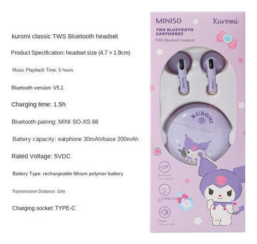 Miniso Sanrio Kuromi Orig Audífonos Inalámbricos Bluetooth