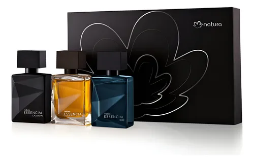 Kit Presente Natura Essencial Masculino Miniaturas com três frascos de perfume: um preto 'Essencial Exclusivo', um âmbar 'Essencial' e um azul-petróleo 'Essencial Oud', ao lado de uma caixa de presente preta com o logo da Natura e detalhes florais prateados.