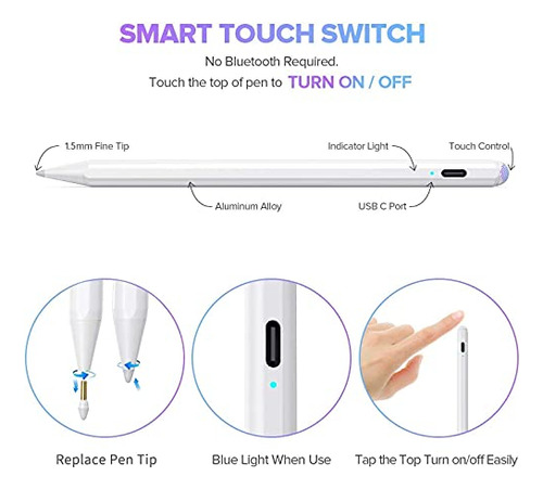 Lapiz Optico Color Blanco Carga Rapida Compatible Con iPad