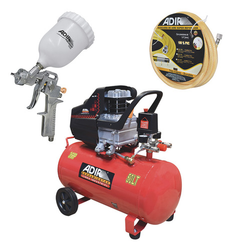 Compresor De Aire 50 Lts + Manguera + Pistola Adir 2040kg Rojo 60hz Monofásica