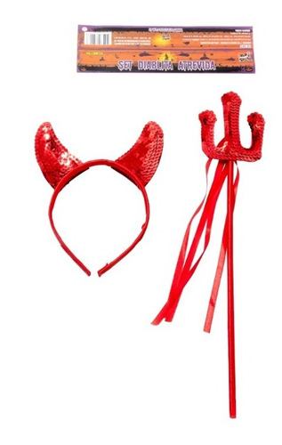 Imagen 1 de 2 de Set Disfraz Diablo Diabla Rojo Accesorios Cotillon Halloween