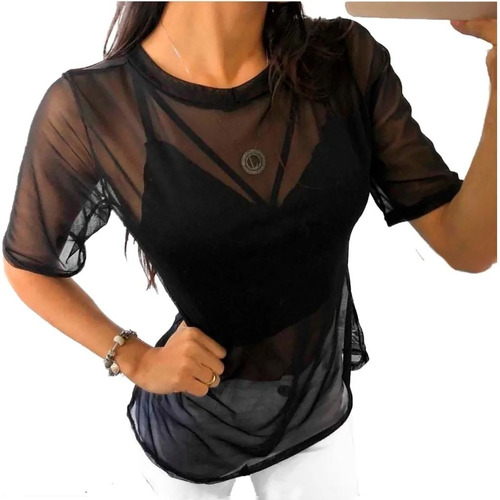 Blusa Feminina Camisa Tule T-shirt Transparente Camiseta