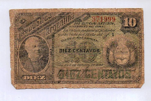 Billete Argentina 1884 Col 009 Roca Pacheco 10 Ctvs Serie I