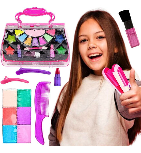 Kit Brinquedo Estojo De Maquiagem + Prancha De Cabelo Menina