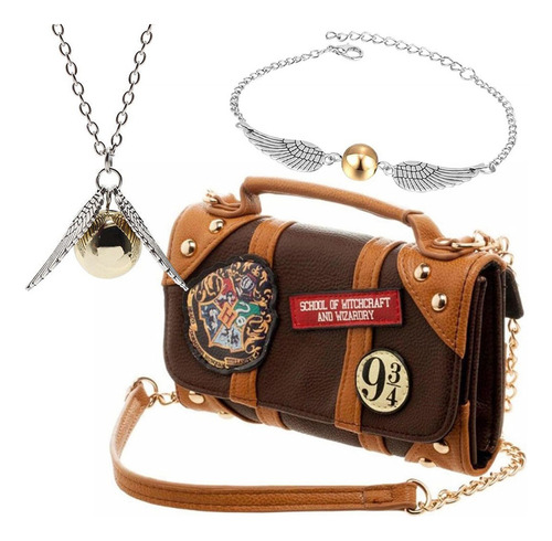 Kit Cartera Harry Potter + Collar + Pulsera Hogwarts