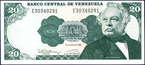 Billete 20 Bolívares E8 Diciembre 8 1992 José Antonio Páez