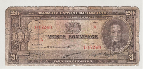 Billete Bolivia 20 Bolivianos 1945 Sánchez  Frías  Cuadros