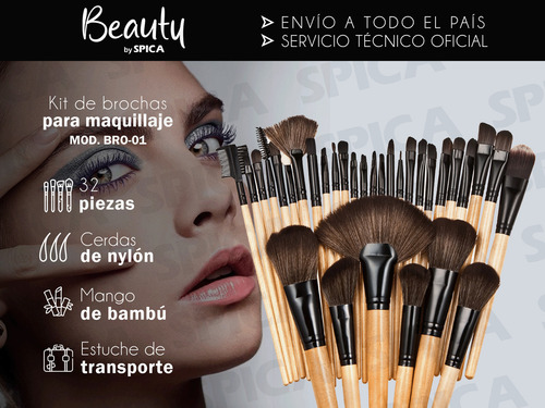 Set X32 Brochas Maquillaje Bambu BEAUTY BY SPICA Bro-01 Estuche Negro