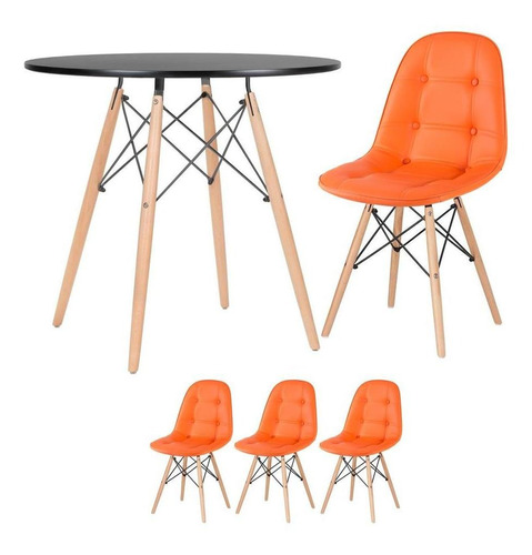 Mesa Jantar Eames Wood 80 Cm 3 Cadeiras Botone Coloridas Cor Mesa Preto Com Cadeiras Laranja