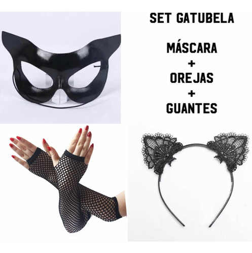 Set Gatubela Disfraz Máscara Antifaz + Orejas + Guantes