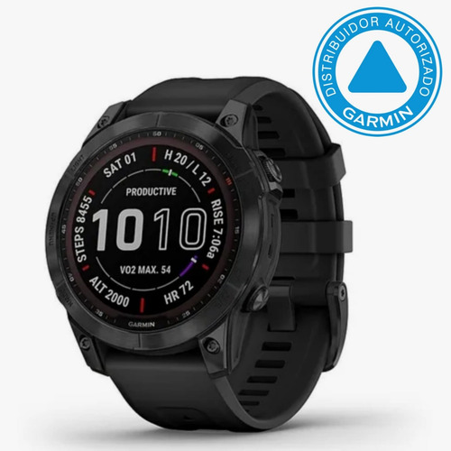 Smartwatch Garmin Zafiro Solar Fenix 7X 1.4" caja 51mm de polímero reforzado con fibra negra, malla negra de silicona y bisel carbon gray de titanio y dlc