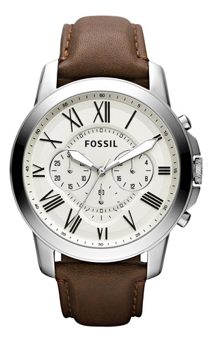 Reloj Fossil Fs4735 Fossil Fs4735 Gossil Grant Men's Con Correa Marrón Bisel Plateado Fondo Blanco