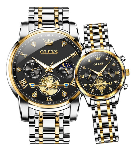 Reloj Olevs de lujo con forma de diamante luminoso y cuarzo, 2 piezas, color de fondo plateado, dorado y negro