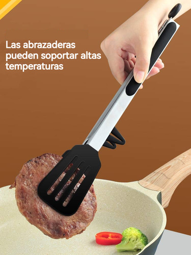 3 Pinzas De Cocina Con Espátula De Silicona Antiadherente Color Negro