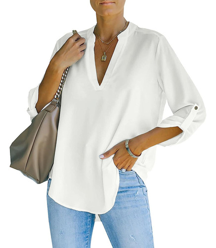 Elegante Camisa De Mujer Con Cuello En V Blusa Suelta