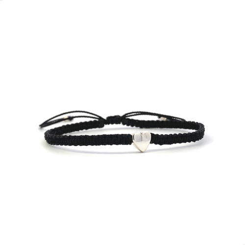 Imagen 2 de 10 de Pulsera Tejida Hilo Negro Corazón De Plata .925 Agálea