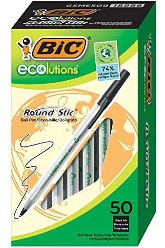 Bolígrafos Bic Ecolutions Round Stic, 50 Uds, Reciclados