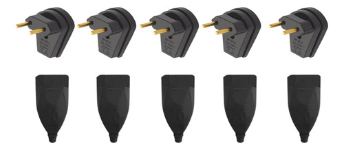 Kit 5 Tomada Fêmea 10a + Plugue Macho 10a 2 Pinos Extensão