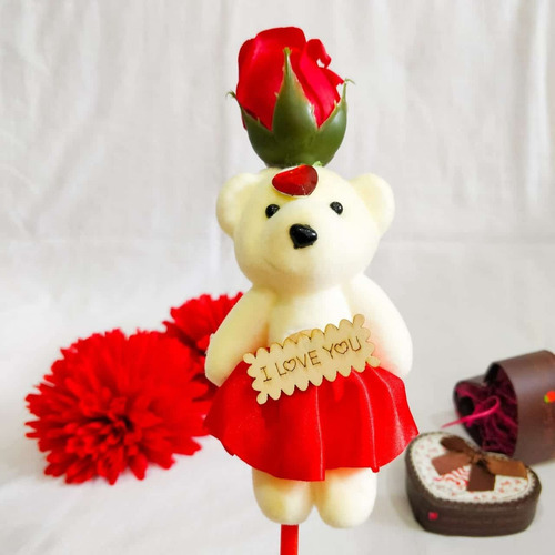 Rosa Artificial C/ Urso 37cm Cor Vermelho