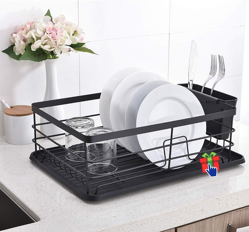 Secaplato Escurridor De Acero Al Carbono Bandeja Plástica Color Negro