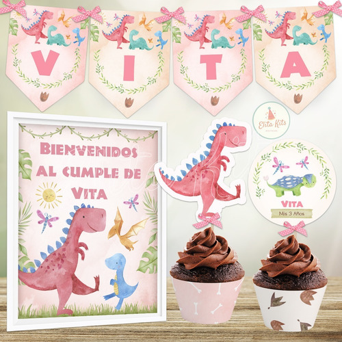 Kit Imprimible Dinosaurios Nenas + Banner, Personalizado
