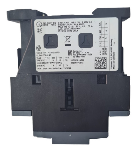 Contactor Siemens 3rt2025-1ag24 No+nc 17a 400v Bobina 110v