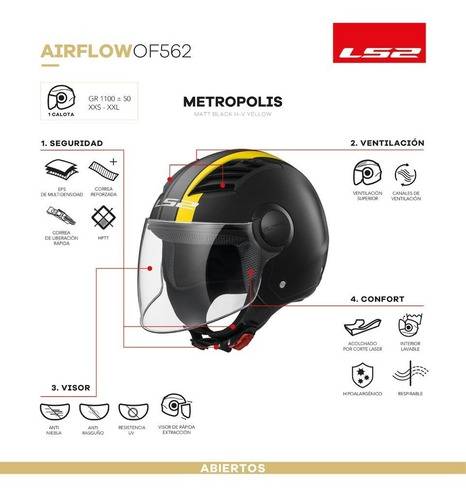 Imagen 5 de 10 de Casco Moto Abierto Ls2 562 Airflow Metropolis Negro Amarillo