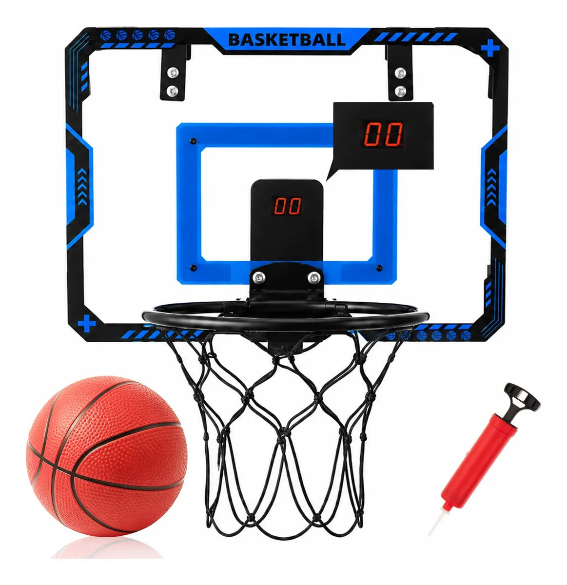 MoveBrinca Mini Tabela de Basquete Infantil Eletrônica MoveBrinca com Placar LED Som Automático Cesta Rede Bola Inflador Acessórios Brinquedo de Basquete para Crianças +3 Anos