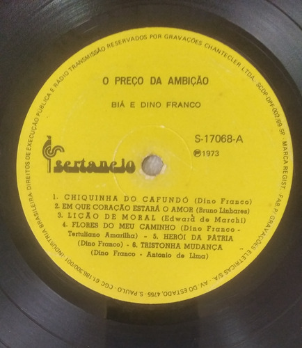 Lp Bia E Dino Franco O Preço Da Ambição 1973 Chantecler (Usado)