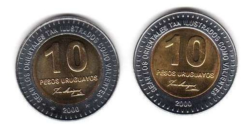 2 Monedas Uruguay Bimetalicas 10 Pesos Año 2000 Diferentes