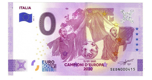 Billete 0 Cero Euro Souvenir Campeón D' Europa Italia 2021