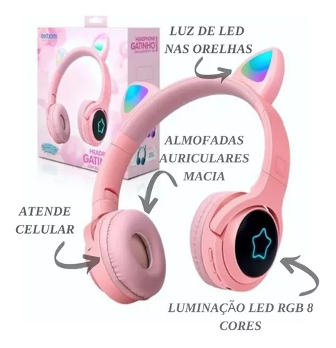 Fone de Ouvido com Orelhinhas de Gato Com Iluminação Led Pisca P2 - ROSA