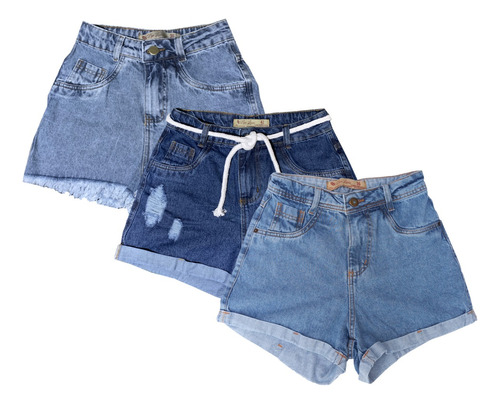 Short Jeans Feminino Cintura Alta Destroyed Kit C/3 