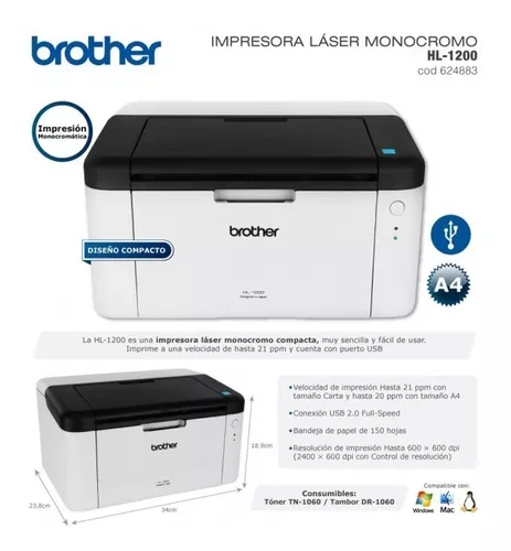 IMPRESORA LASER BROTHER MONOCROMÁTICA HL1200