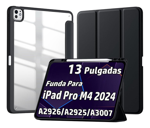 Funda Para iPad Pro 13 Pulgadas M4 2024 Con Ranura Lápiz Negro Transparente