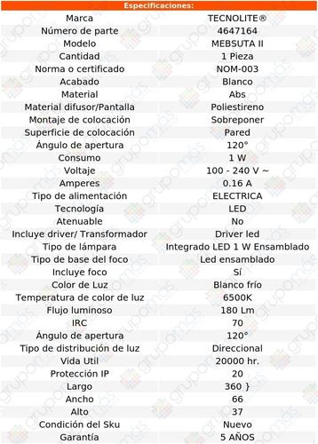 Lamp Pared Int Led Bln Mebsuta Ii 1w Abs 6500k Tecnolite