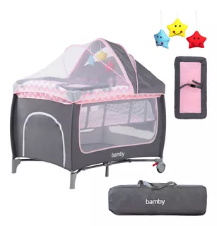 Cuna Corral Para Bebe Plegable Viajero Gris Con Rosa Mosquitero Cambiador Juguete Colchoneta Bolsillo Lateral Ruedas Con Freno Bolsa Transportadora Segundo Nivel Estructura Acero Edad 0 A 24 Meses