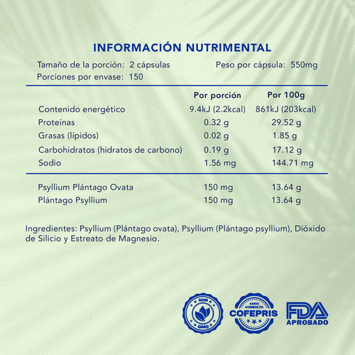 Psyllium Puro Sin Azúcar | 300 Cápsulas | Naturagel Sin Sabor