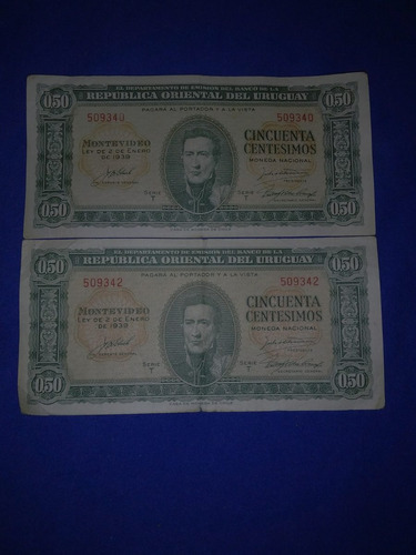 2 Billetes De Uruguay De $ 050 Del 2 De Enero De 1939