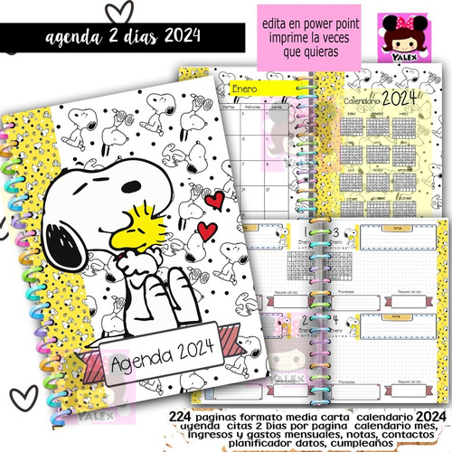 Agenda 2024 Diaria Snoopy Kit Imprimible Editable