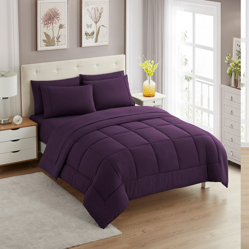 Juego De Edredón 7 Piezas Unicolor Morado King Para Todas La