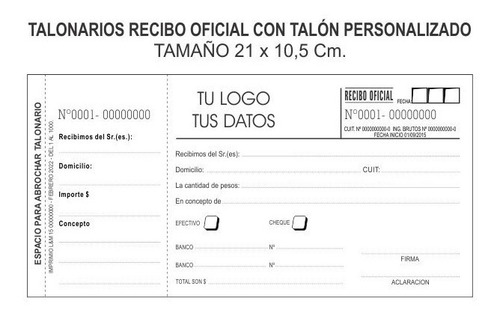 5 Talonarios Recibi, Recibo Oficial Con Talón + Tu Pulicidad