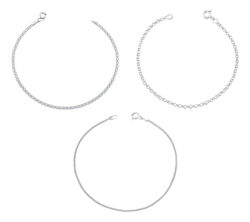 Kit 3 Pulseiras De Prata 925 Bismark Português E Diamantada Comprimento 18.5 cm Diâmetro 18.5 cm