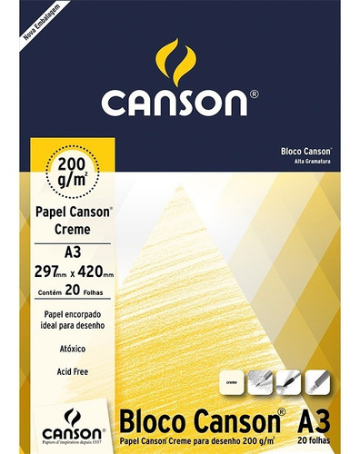 Bloco De Papel Canson Desenho 200 Creme 200g A3 20 Folhas