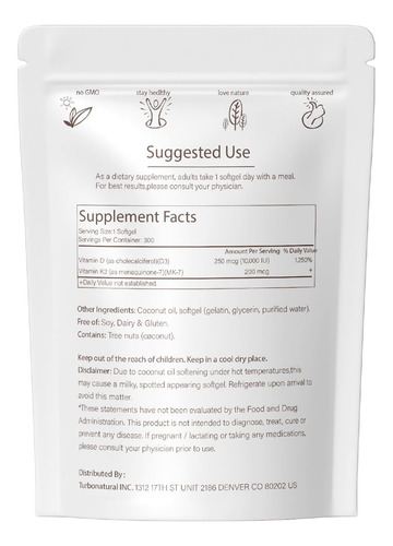 Qvq Vitamina D3 10000 Ui Y K2 Mk7 Aceite De Coco 300 Caps