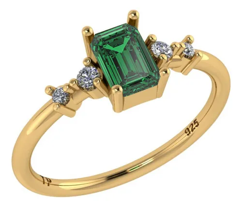 Anel Viena Retangular Prata 925 Dourada 18k - Esmeralda