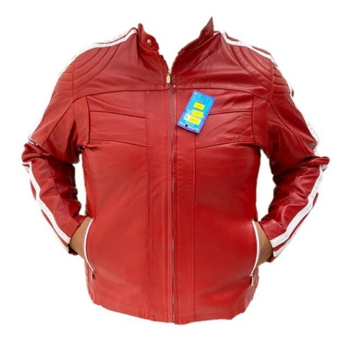 Chamarra De Piel Jasso Casual Color Rojo Cuello Mao