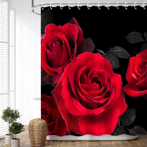 Livilan Cortina Ducha Roja Para Baño Rosa Negra Gancho Flor