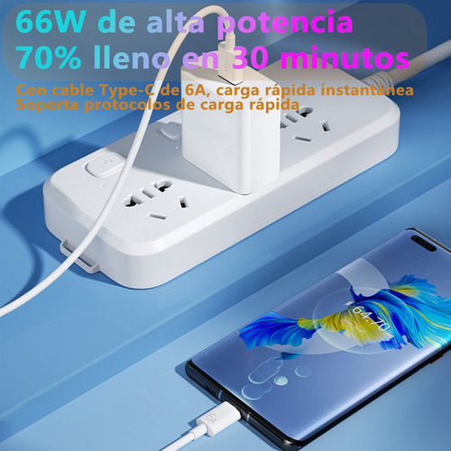 66 W Charger for Huawei Honor 200/ x9c/x8c/x8b/ x7b/ x7c/x6b Plus/ Magic7 Lite Super Cargador Rapid Charge with 6a Cable Type C of 1.5m White